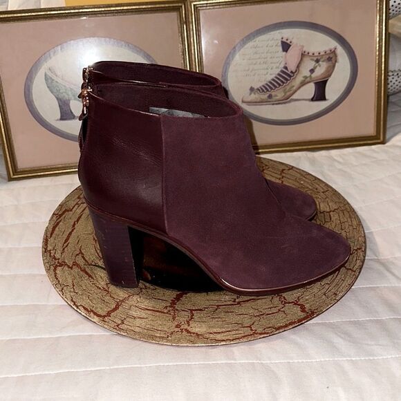 Ted Baker 10.5 41 Azaila Contrast Suede Leather Burgundy Stacked Heel Booties - Picture 2 of 12